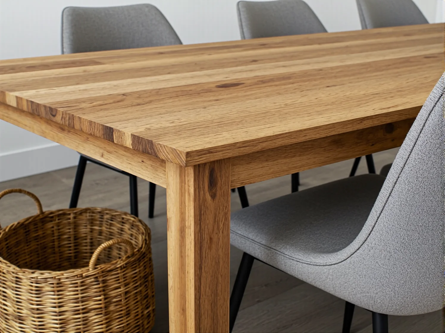 Aranżacja jadalni z drewnianym stołem scandi i białymi krzesłami o prostej formie.