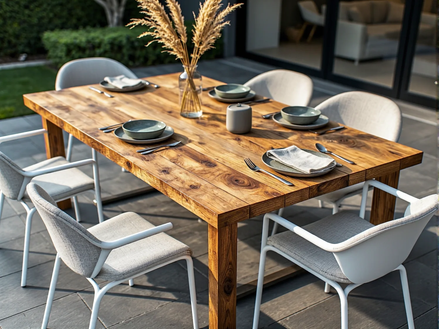 Funkcjonalna aranżacja przestrzeni outdoorowej z naturalnymi dodatkami.