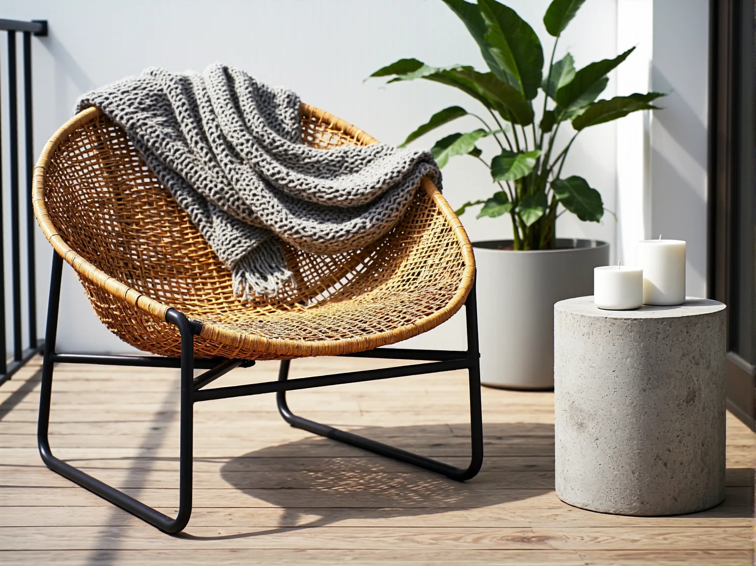 Balkon w stylu scandi z jasnymi meblami wypoczynkowymi i lampionami.