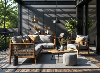 Zestaw wypoczynkowy drewniany z szarymi poduszkami i plecionymi bokami