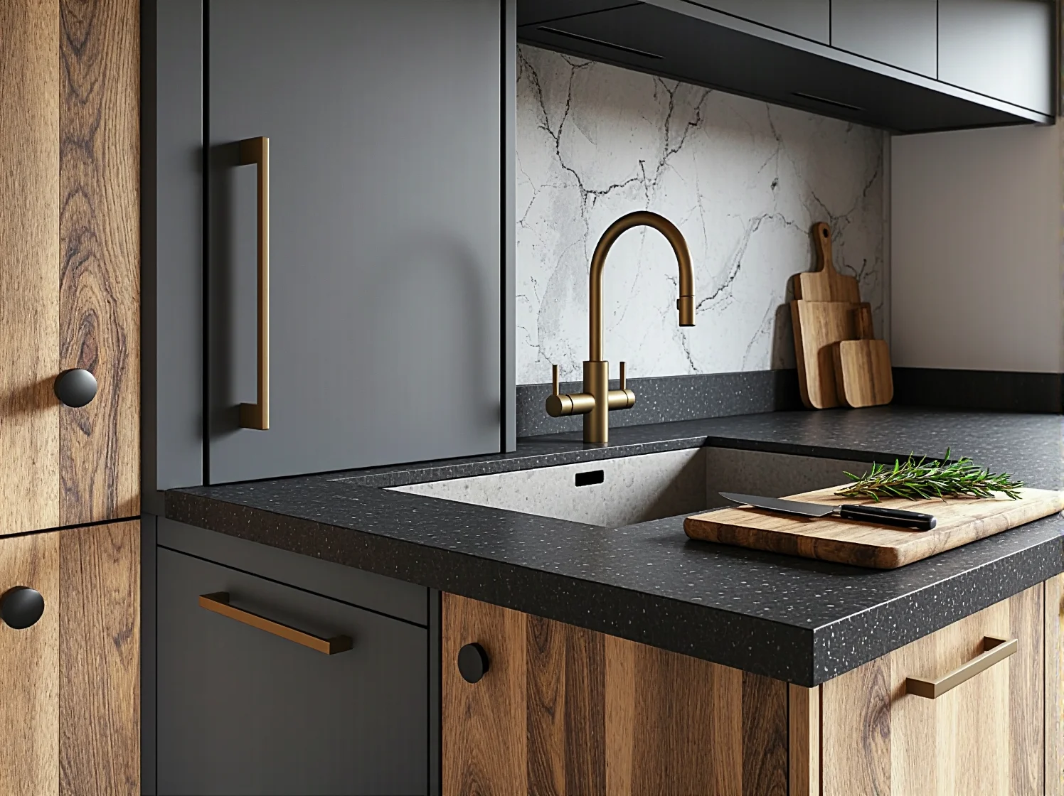 Betonowe blaty i miedziane lampy w nowoczesnym lofcie