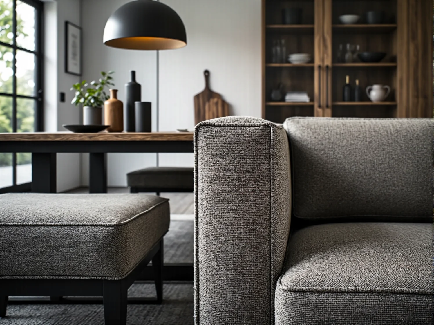 Połączenie surowej cegły i nowoczesnych, matowych frontów szafek w kuchni industrialnej.