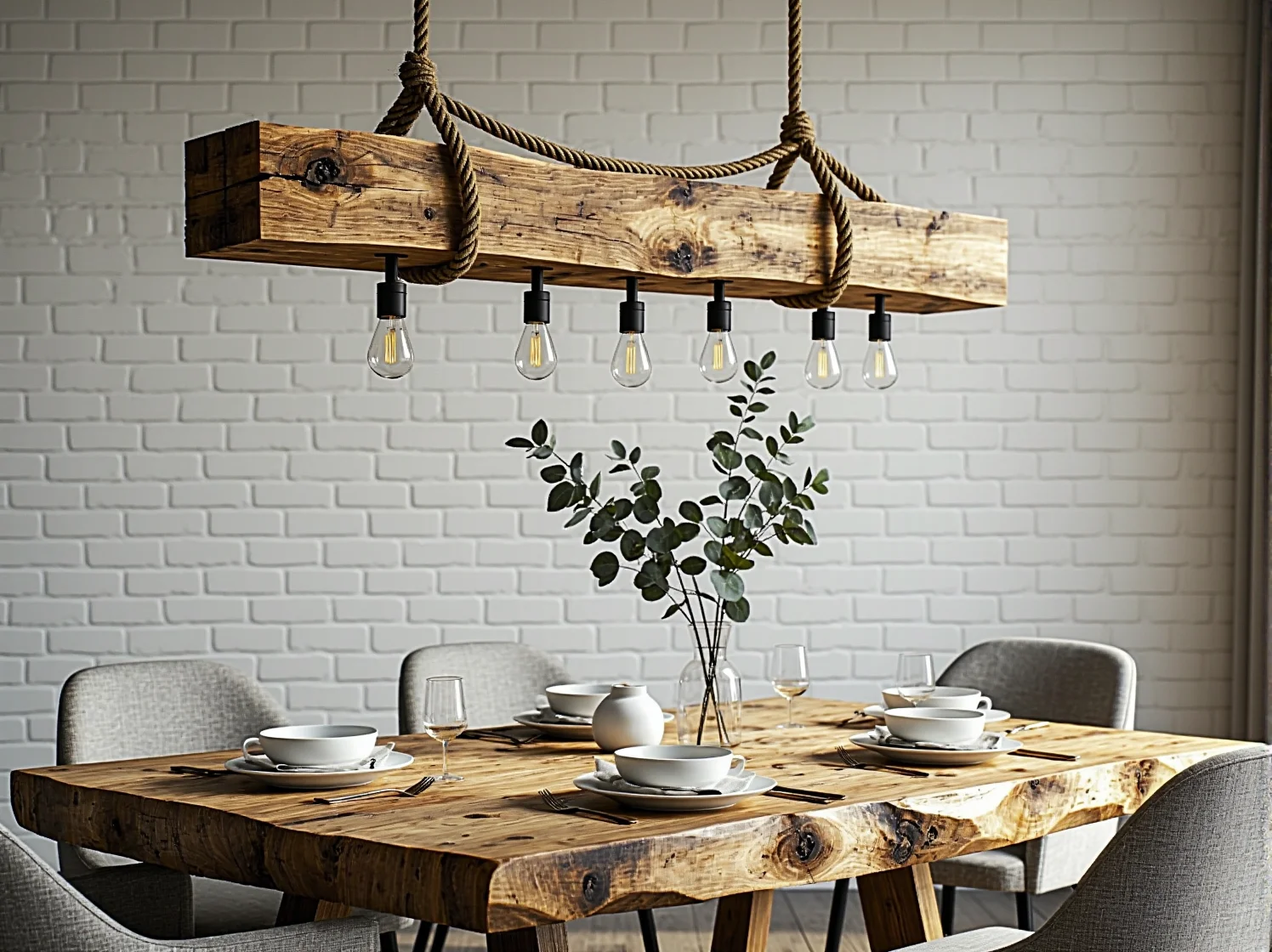 Czarne metalowe lampy nad drewnianą wyspą w kuchni z cegłą