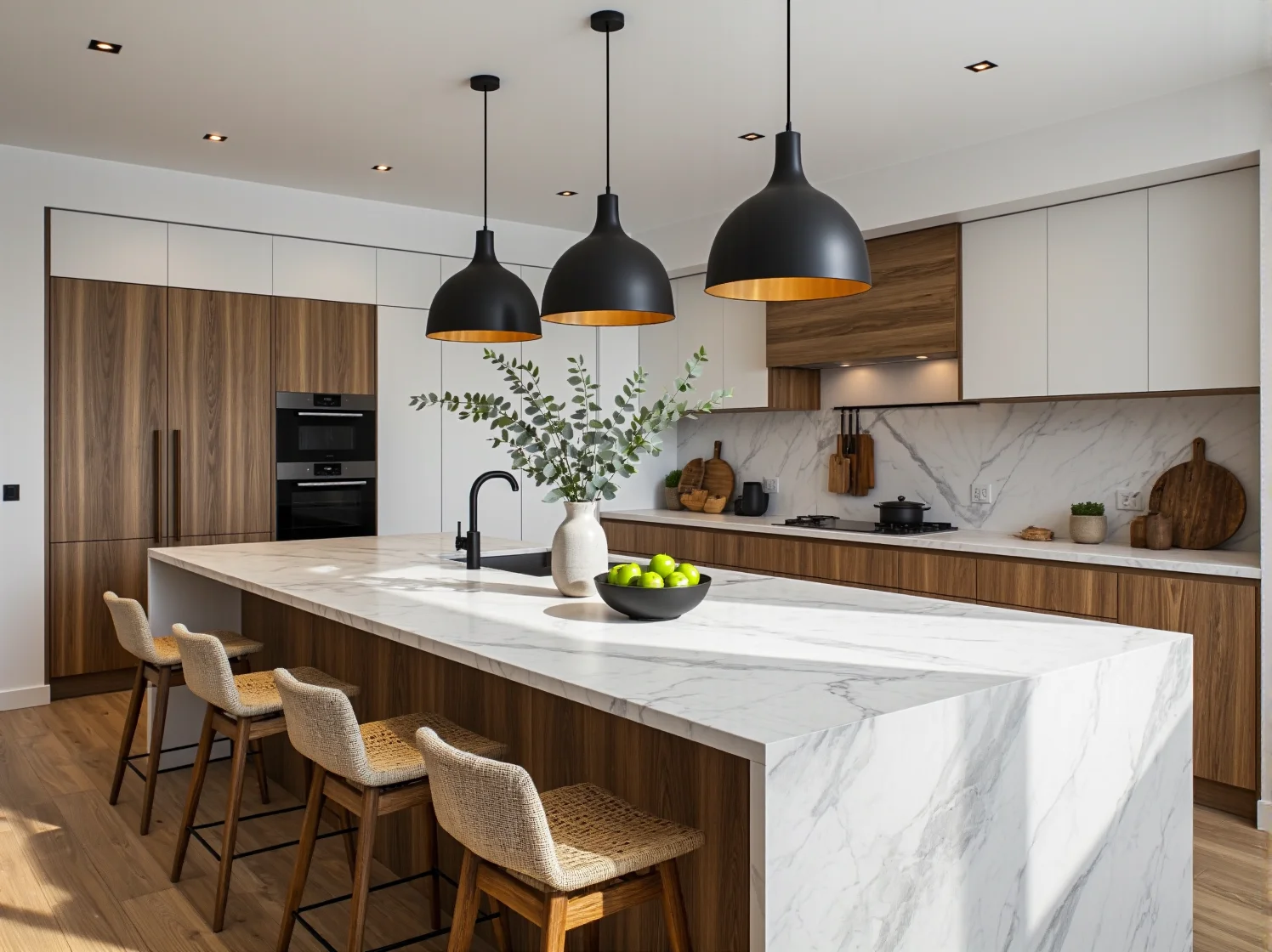 Nowoczesna zabudowa kuchenna orzechowa z białym blatem marmurowym