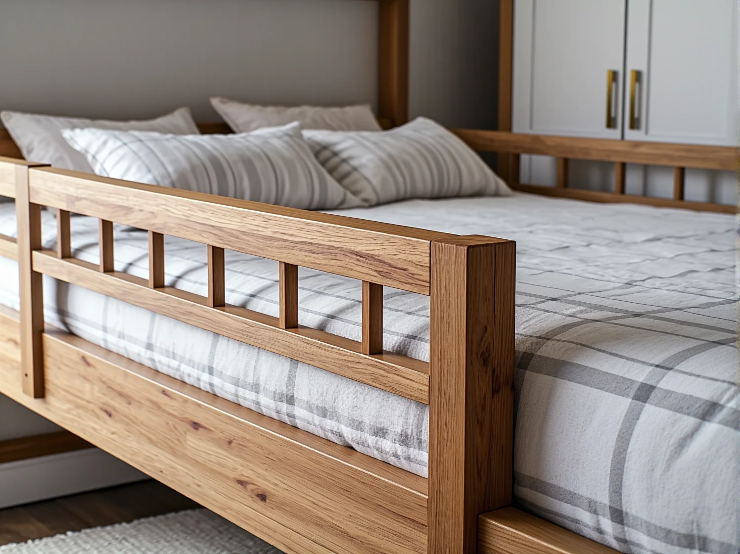 Drewniane łóżko piętrowe dla dwójki dzieci w wąskim pokoju.