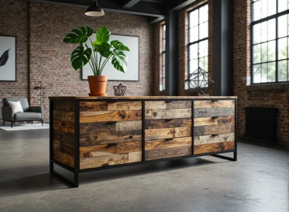 Industrialna komoda z drewna z odzysku na metalowej ramie