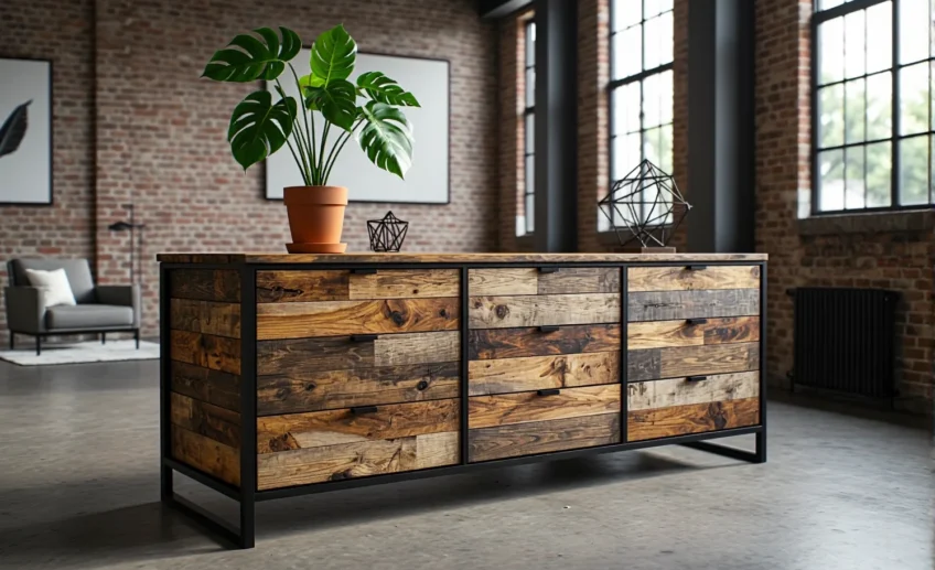 Industrialna komoda z drewna z odzysku na metalowej ramie
