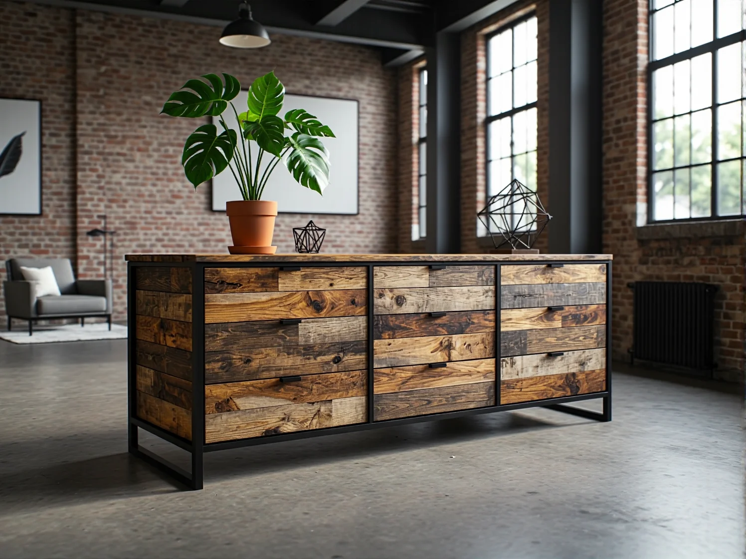 Industrialna komoda z drewna z odzysku na metalowej ramie