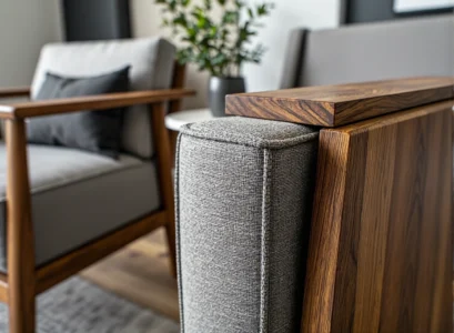 Podłokietnik sofy z szarą tkaniną i drewnem orzechowym
