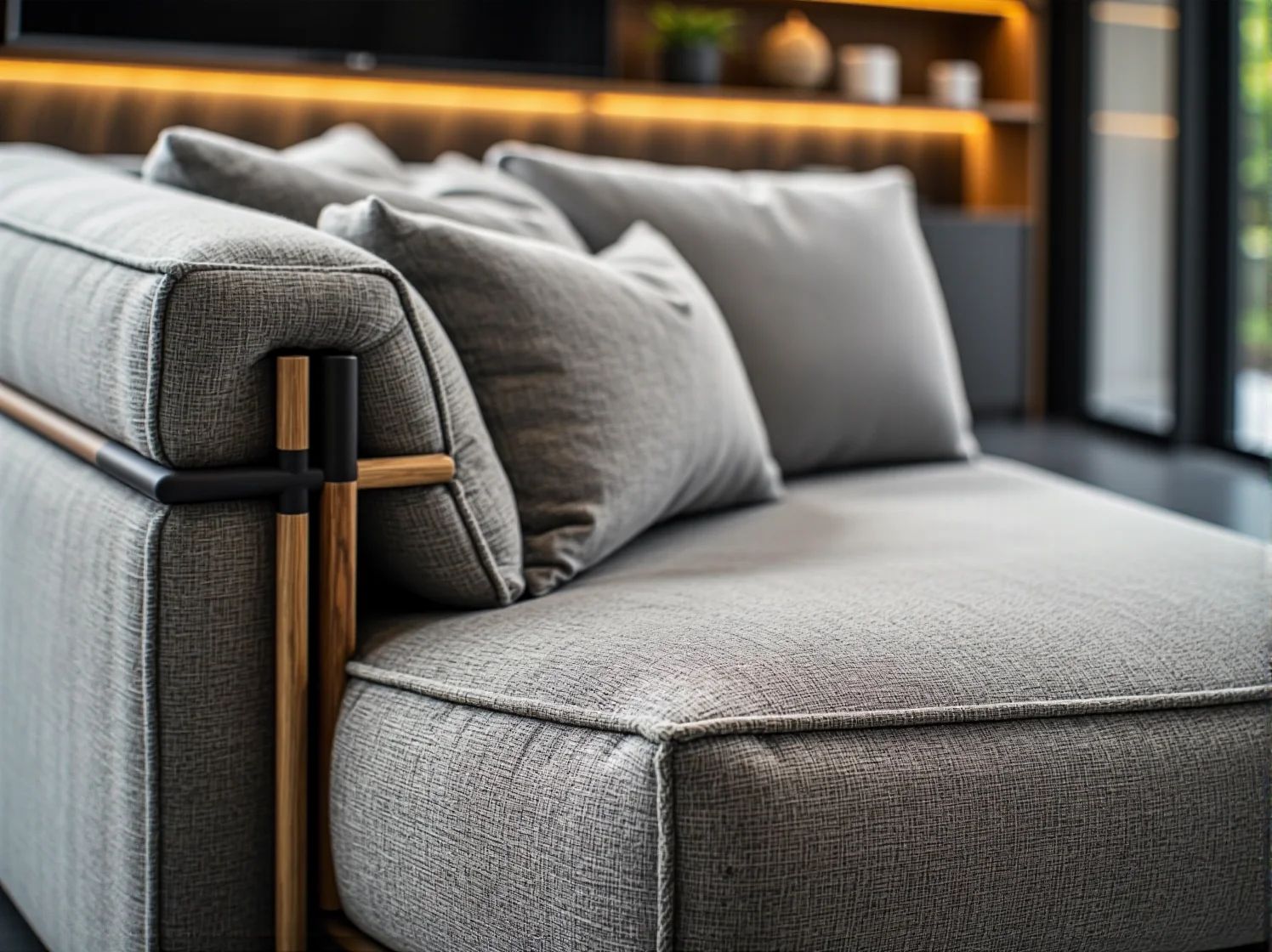 Szara sofa tapicerowana z drewnianymi detalami i poduszkami