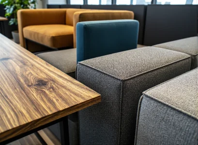 Modułowa sofa tapicerowana szara z elementami morskimi i musztardowymi