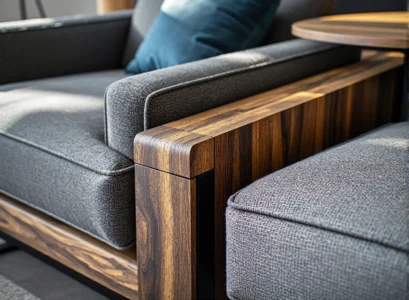 Szara sofa tapicerowana z drewnianym podłokietnikiem orzechowym