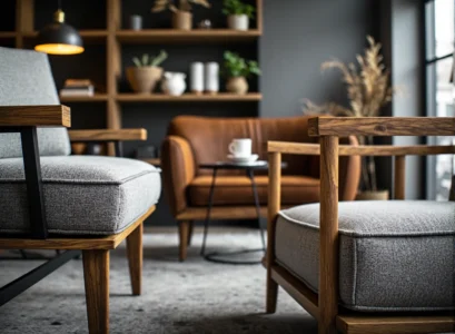 Szare fotele tapicerowane na dębowej ramie z podłokietnikami