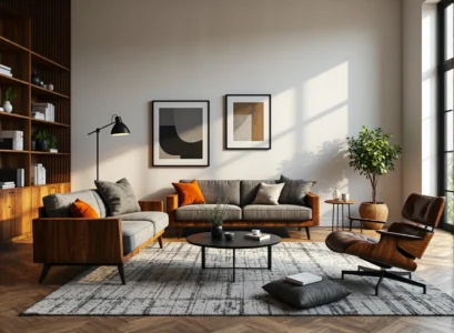 Komplet wypoczynkowy szary z drewnianą ramą i stolikiem kawowym