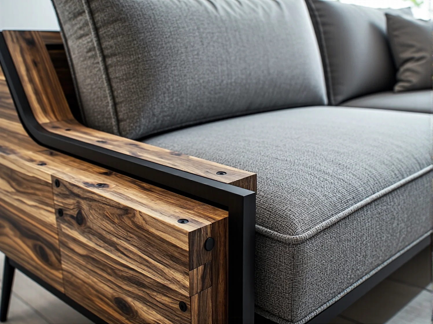 Rozłożona sofa modułowa pokazująca możliwości aranżacji w rustykalnym wnętrzu.