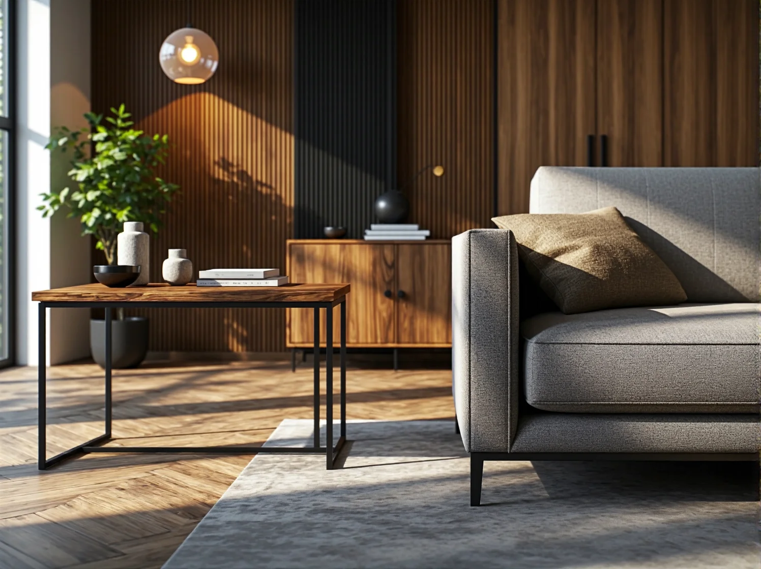 Funkcjonalny salon w stylu vintage z musztardową sofą i drewnianą komodą