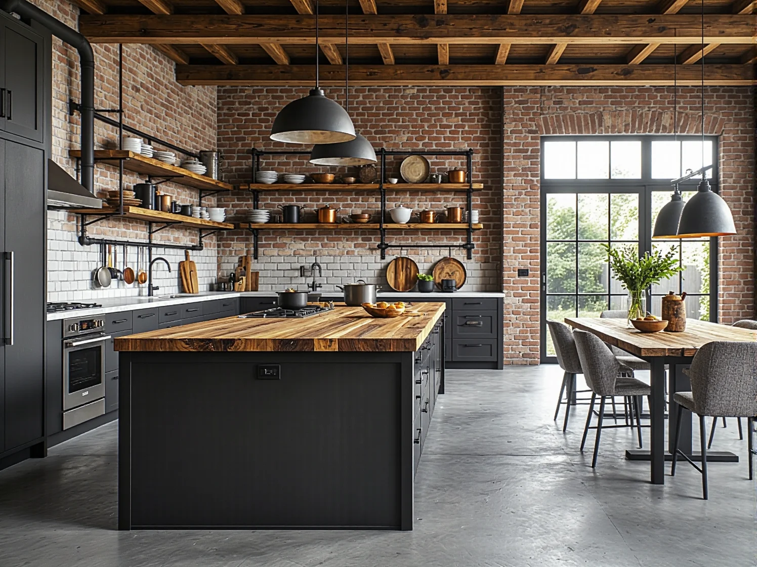 Grafitowe meble kuchenne z drewnianym blatem w stylu loftowym