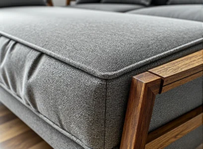 Szara sofa tapicerowana na drewnianym stelażu dębowym