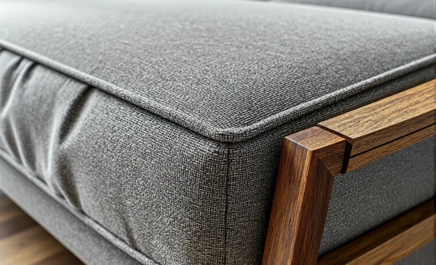 Szara sofa tapicerowana na drewnianym stelażu dębowym