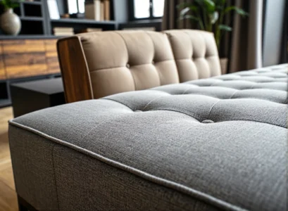 Szara sofa pikowana z drewnianymi podłokietnikami i beżowym oparciem