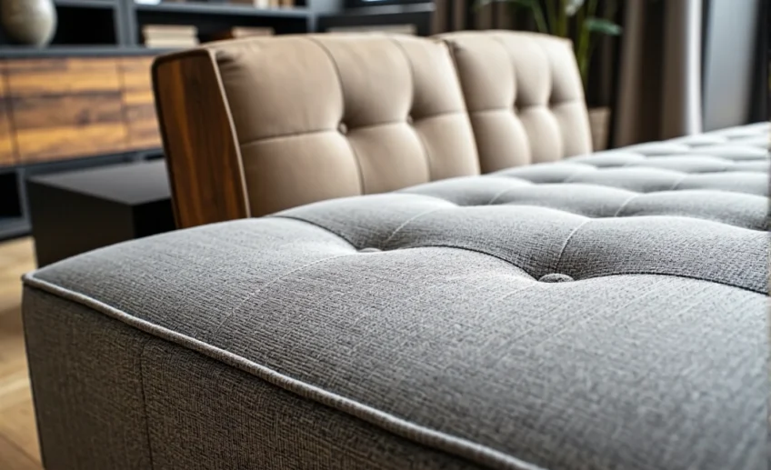 Szara sofa pikowana z drewnianymi podłokietnikami i beżowym oparciem