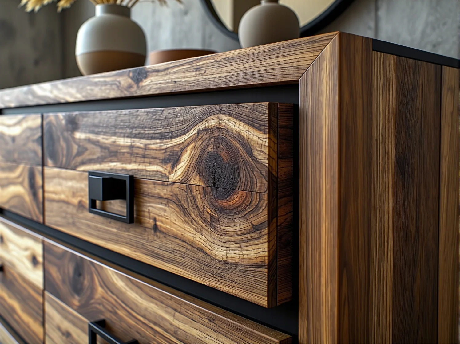 Detale komody industrialnej: fronty ze starego drewna wykończone naturalnym woskiem.