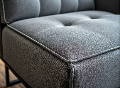 Grafitowa sofa tapicerowana z pikowanym siedziskiem i metalową ramą