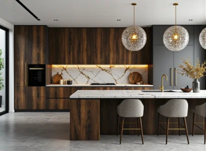 Nowoczesne meble kuchenne orzechowe z grafitowymi szafkami i wyspą