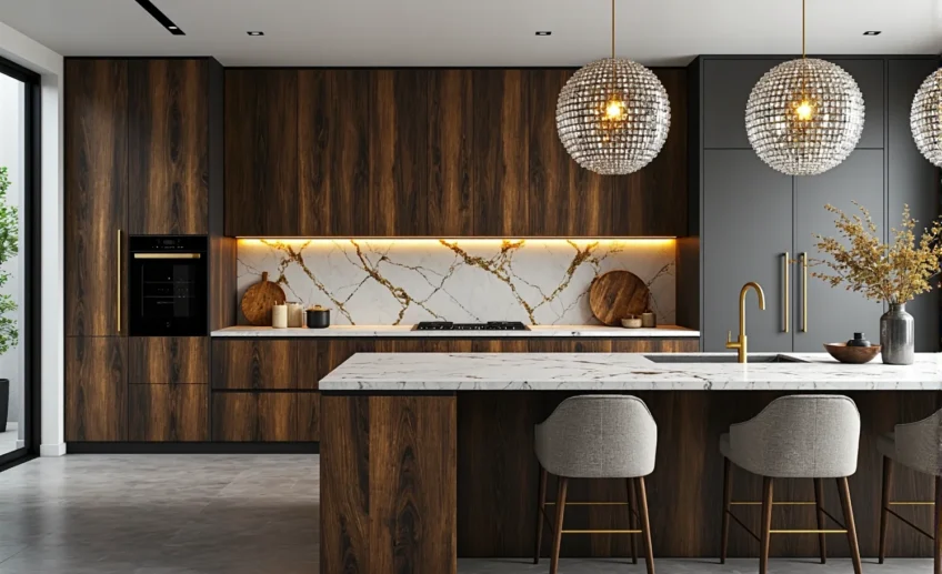Nowoczesne meble kuchenne orzechowe z grafitowymi szafkami i wyspą