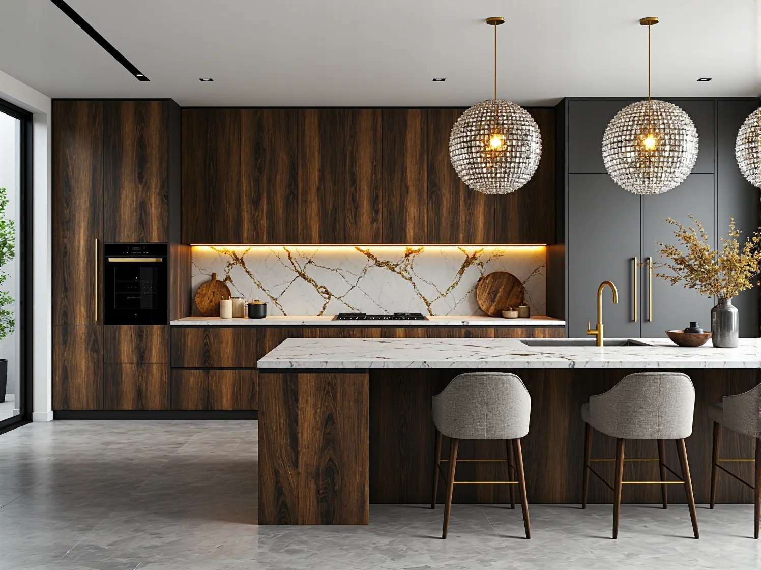 Nowoczesne meble kuchenne orzechowe z grafitowymi szafkami i wyspą