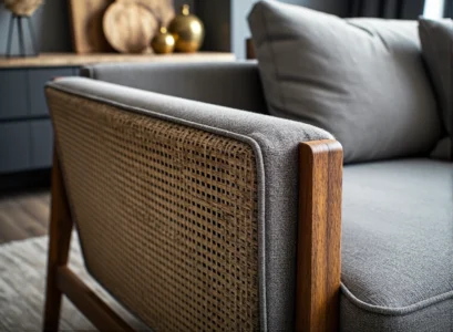 Szara sofa z drewnianą ramą i rattanowym bokiem