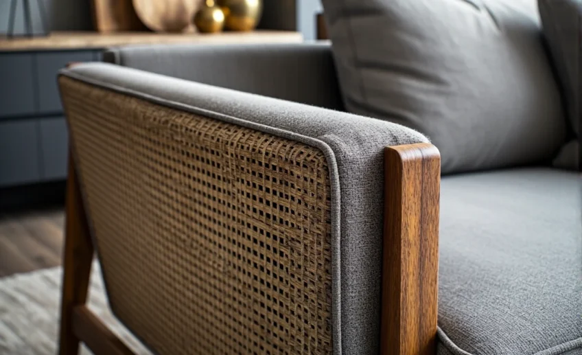 Szara sofa z drewnianą ramą i rattanowym bokiem