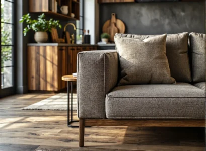 Szara sofa tapicerowana na drewnianych nogach z poduszkami