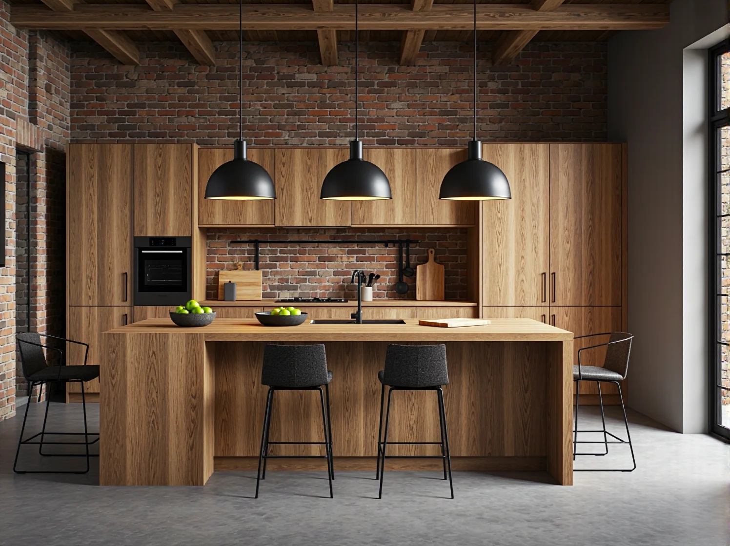 Nowoczesna zabudowa kuchenna dębowa z wyspą i hokerami