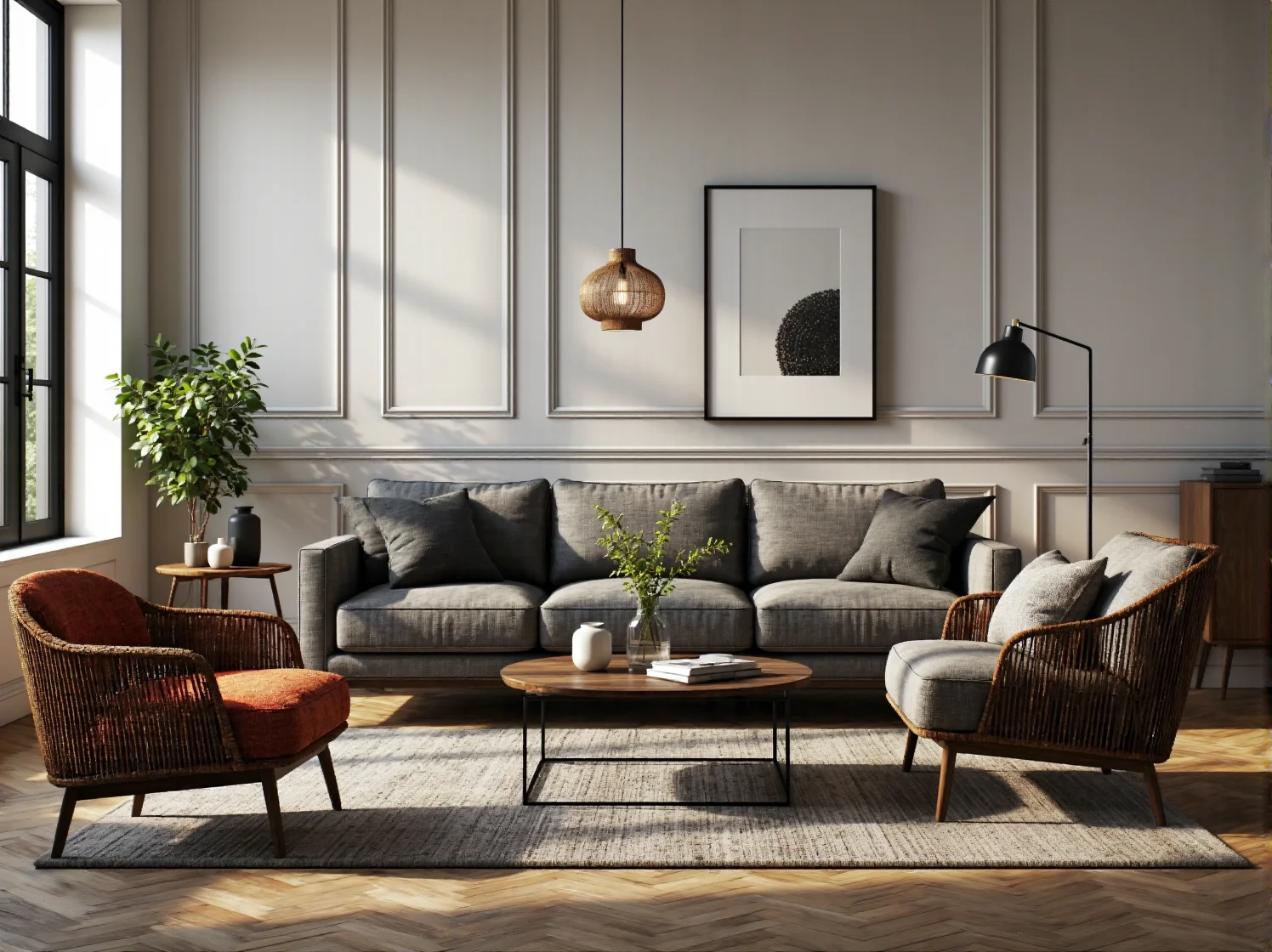 Sofa trzyosobowa szara z miękkimi poduszkami oparcia