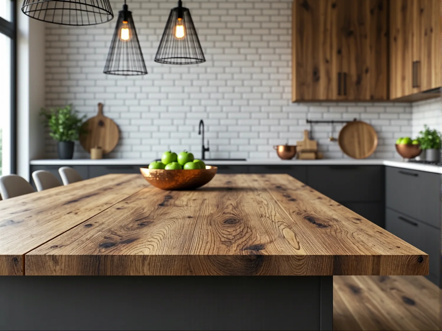 Ciepłe światło lampy podkreślające strukturę drewna i cegły