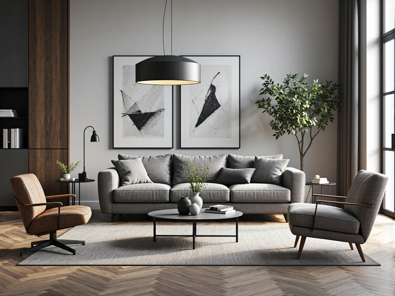 Drewniane leżaki modułowe na nowoczesnym tarasie z roślinami i lampionami w stylu hygge.