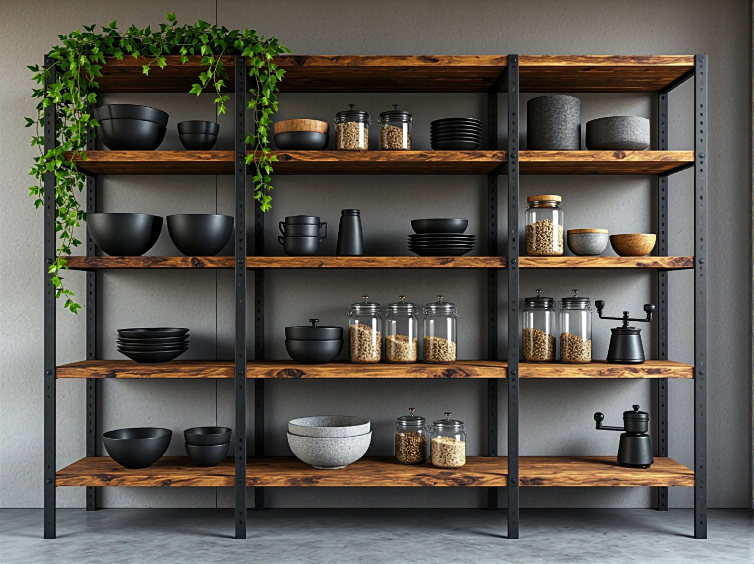 Loftowe hokery barowe i stół z surowego drewna w kuchni