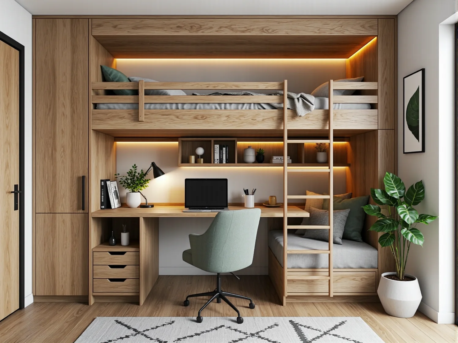 Łóżko piętrowe dębowe z biurkiem i oświetleniem LED