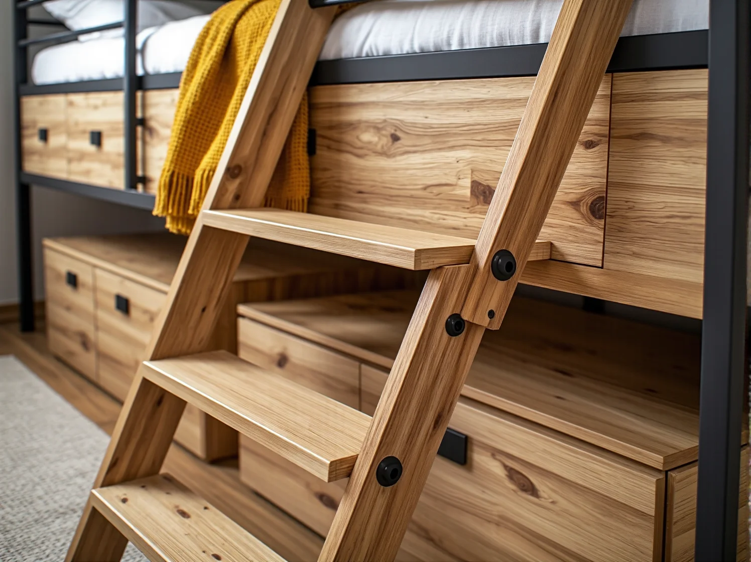 Białe łóżko piętrowe z biurkiem, idealne do pokoju dziecięcego.