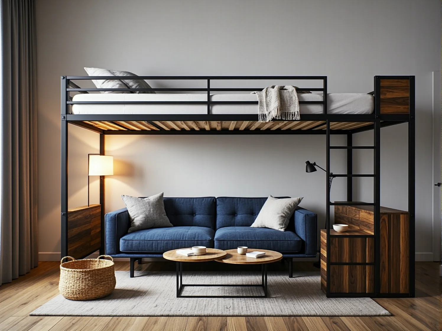 Funkcjonalne łóżko piętrowe ze schodkami i szufladami na pościel.