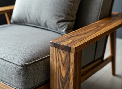 Fotel wypoczynkowy szary z drewnianymi podłokietnikami dębowymi