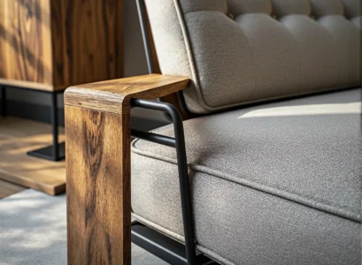 Szary fotel tapicerowany z drewnianym podłokietnikiem i metalową ramą