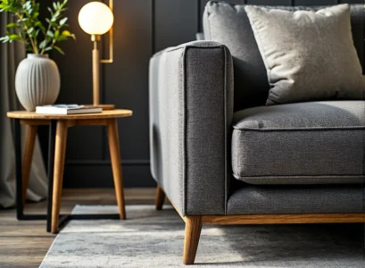 Nowoczesna sofa tapicerowana szara na drewnianych nóżkach