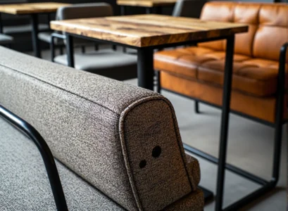 Tapicerowana sofa loftowa szara na metalowej ramie z guzikami