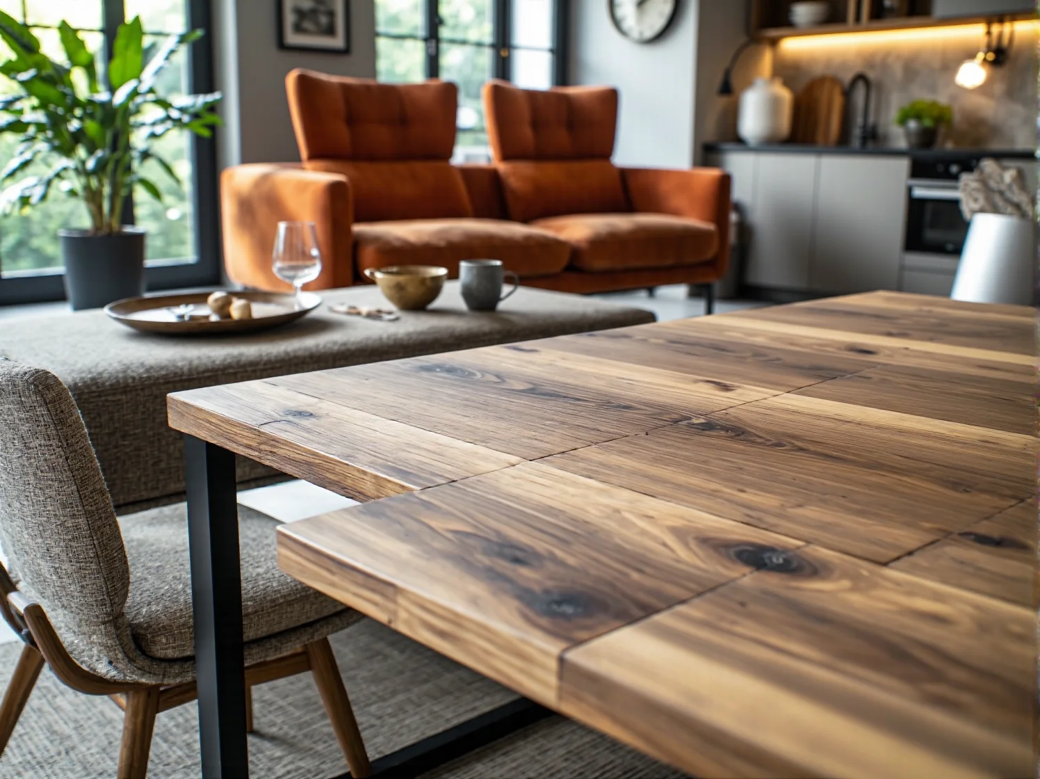 Meble kuchenne z naturalnego drewna na czarnych, stalowych stelażach w stylu industrialnym.