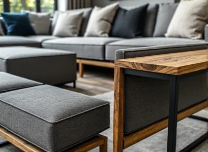 Narożnik wypoczynkowy szary z drewnianymi elementami i pufą