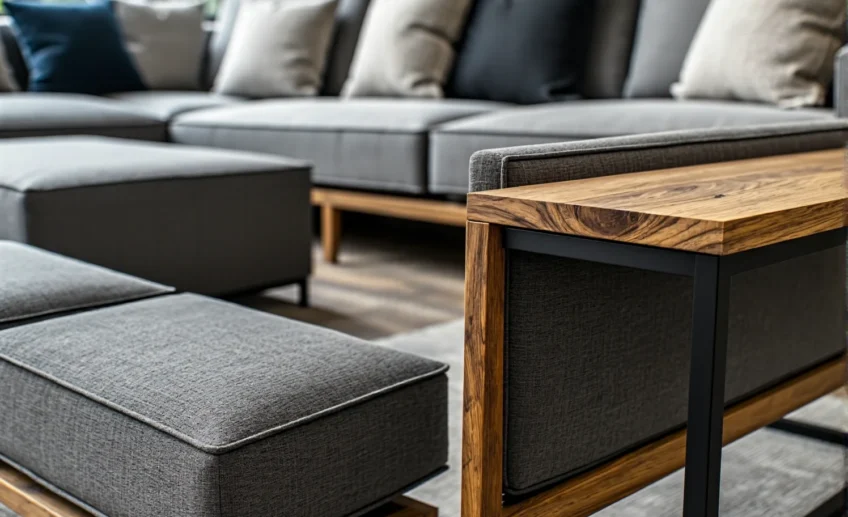 Narożnik wypoczynkowy szary z drewnianymi elementami i pufą