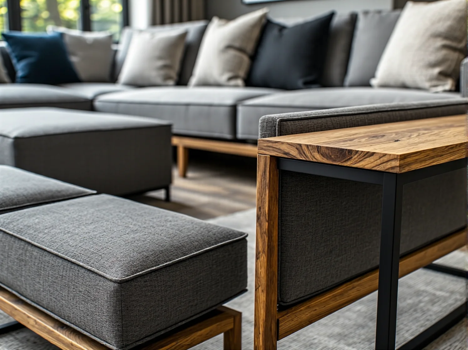 Narożnik wypoczynkowy szary z drewnianymi elementami i pufą