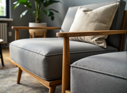 Szary fotel wypoczynkowy z drewnianymi podłokietnikami i pufą